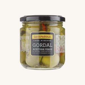 La Española Gordal pitted green olives, with red pepper and garlic, jar 195 gr drained