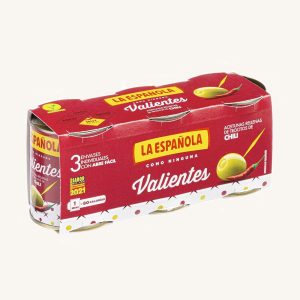 La Española Green olives stuffed with Chili, Valientes, manzanilla variety, 3 cans pack 3 x 50 gr drained